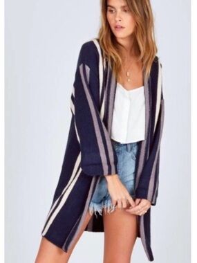 Amuse Society Navy, Cream & Gray Striped Open-Front Cardigan